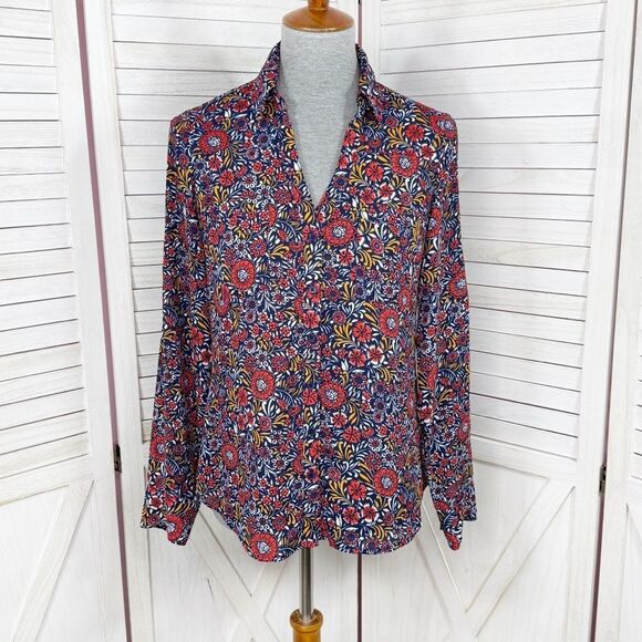 Express Floral Portofino Shirt Three Quarter Button Blouse Blue Red Small - Picture 1 of 11
